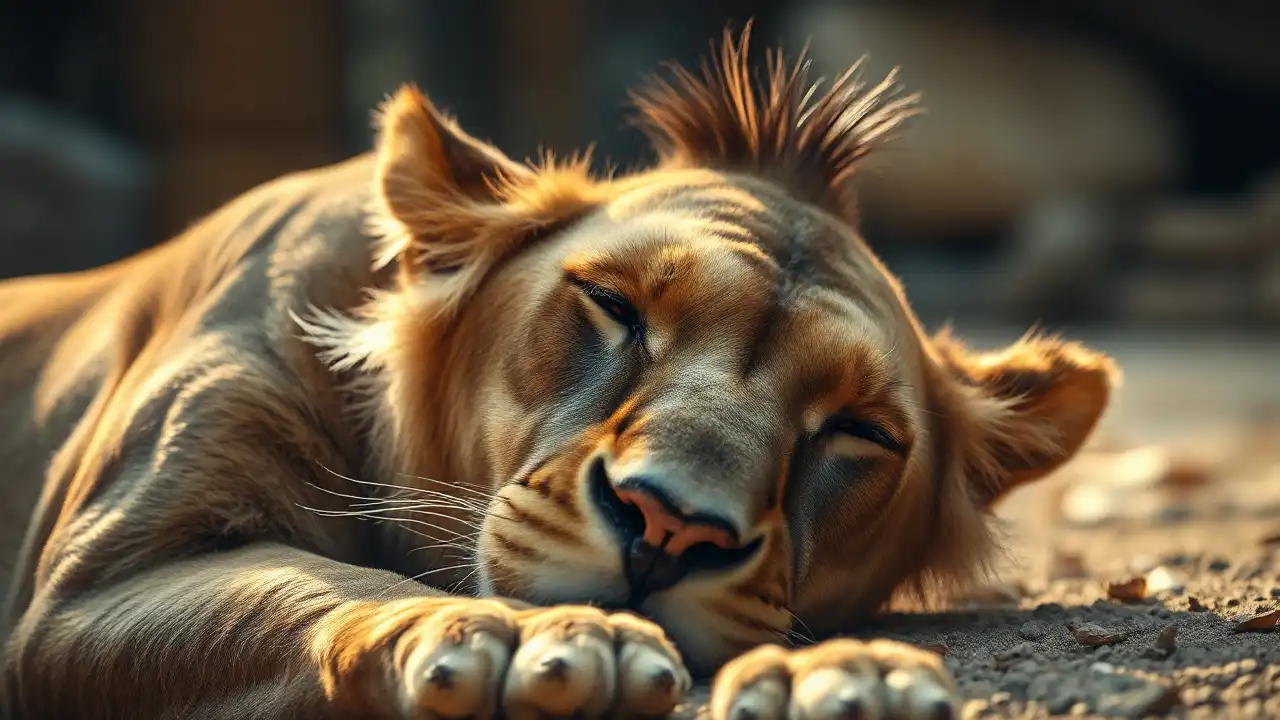 Nahaufnahme einer ruhenden Löwin in warmer Morgenbeleuchtung, die ruhig in ihrem Gehege liegt und mit sanftem Ausdruck ihre Löwenherzerkrankung erkennen lässt