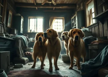 Mehrere erschöpfte Golden Retriever stehen in einem engen, überfüllten Raum mit magerem Licht, was die Folgen von Animal Hoarding sichtbar macht