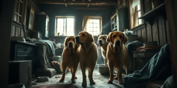 Animal Hoarding – Wenn „Tierliebe“ zur Gefahr wird 21 Mehrere erschöpfte Golden Retriever stehen in einem engen, überfüllten Raum mit magerem Licht, was die Folgen von Animal Hoarding sichtbar macht