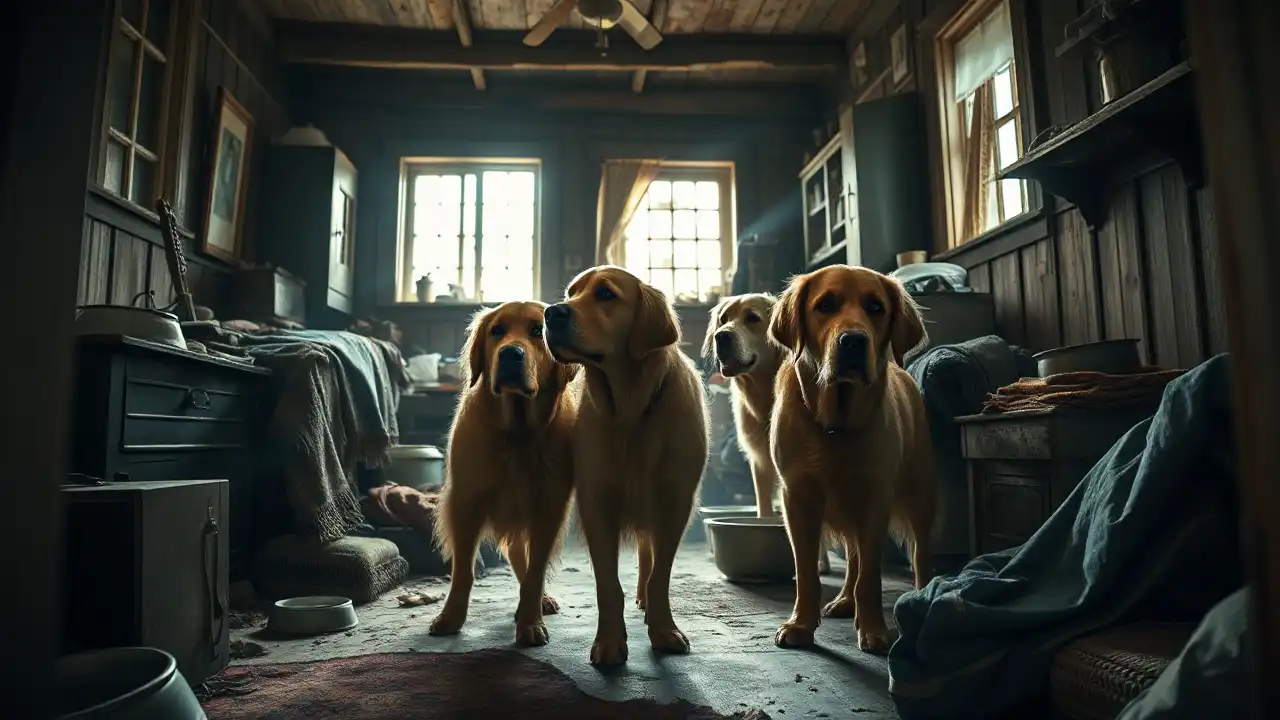 Animal Hoarding – Wenn „Tierliebe“ zur Gefahr wird 1 Mehrere erschöpfte Golden Retriever stehen in einem engen, überfüllten Raum mit magerem Licht, was die Folgen von Animal Hoarding sichtbar macht