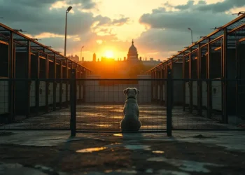 Ein verlassenes Tierheim bei Sonnenuntergang mit einem einsamen Hund hinter einem Zaun vor einer fernen Stadt, das die Auswirkungen des Bundeshaushalt Tierheime symbolisch zeigt