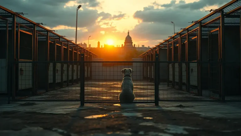 Ein verlassenes Tierheim bei Sonnenuntergang mit einem einsamen Hund hinter einem Zaun vor einer fernen Stadt, das die Auswirkungen des Bundeshaushalt Tierheime symbolisch zeigt