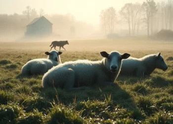 Neblige Wiese am Morgen mit drei toten Dorperschafen, einem entfernten Wolf im Schatten des Waldrands und einem Kindergarten im Hintergrund als atmosphärische Darstellung des Wolfsriss Ingelbach