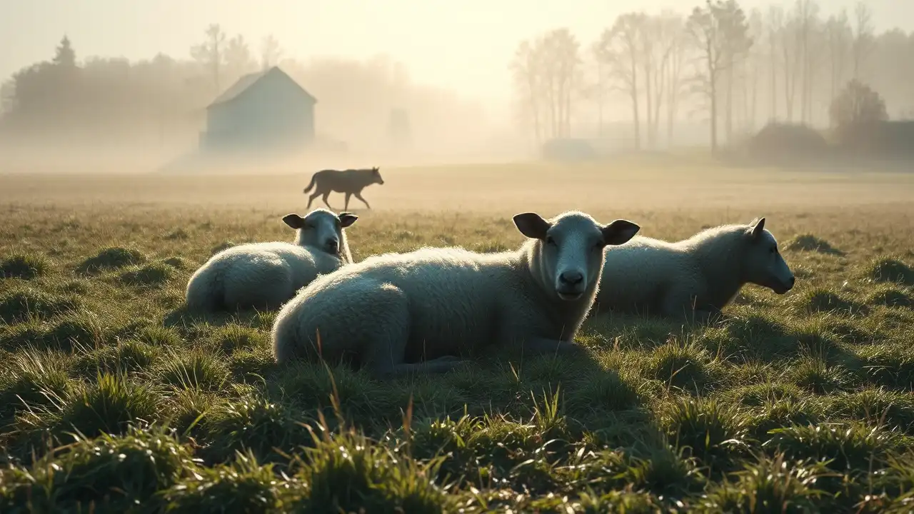 Wolfsriss Ingelbach – Wie viel Risiko müssen Bürger noch tragen? 1 Neblige Wiese am Morgen mit drei toten Dorperschafen, einem entfernten Wolf im Schatten des Waldrands und einem Kindergarten im Hintergrund als atmosphärische Darstellung des Wolfsriss Ingelbach