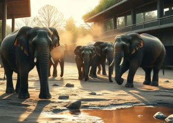 Mehrere Elefanten stehen in einem weitläufigen, natürlichen Zoogehege bei warmem Licht und zeigen eine ruhige Elefantenhaltung Zoos