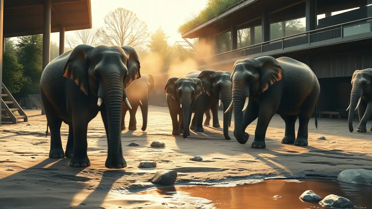 Mehrere Elefanten stehen in einem weitläufigen, natürlichen Zoogehege bei warmem Licht und zeigen eine ruhige Elefantenhaltung Zoos