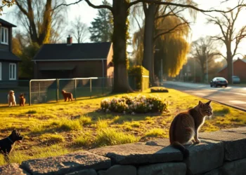 Ein kleiner Stadtpark mit Hundewiese, spielenden Hunden, einer ruhenden Katze und artenreicher Wiese zeigt Tierschutz Stadtpolitik in einer ruhigen, gepflegten Umgebung