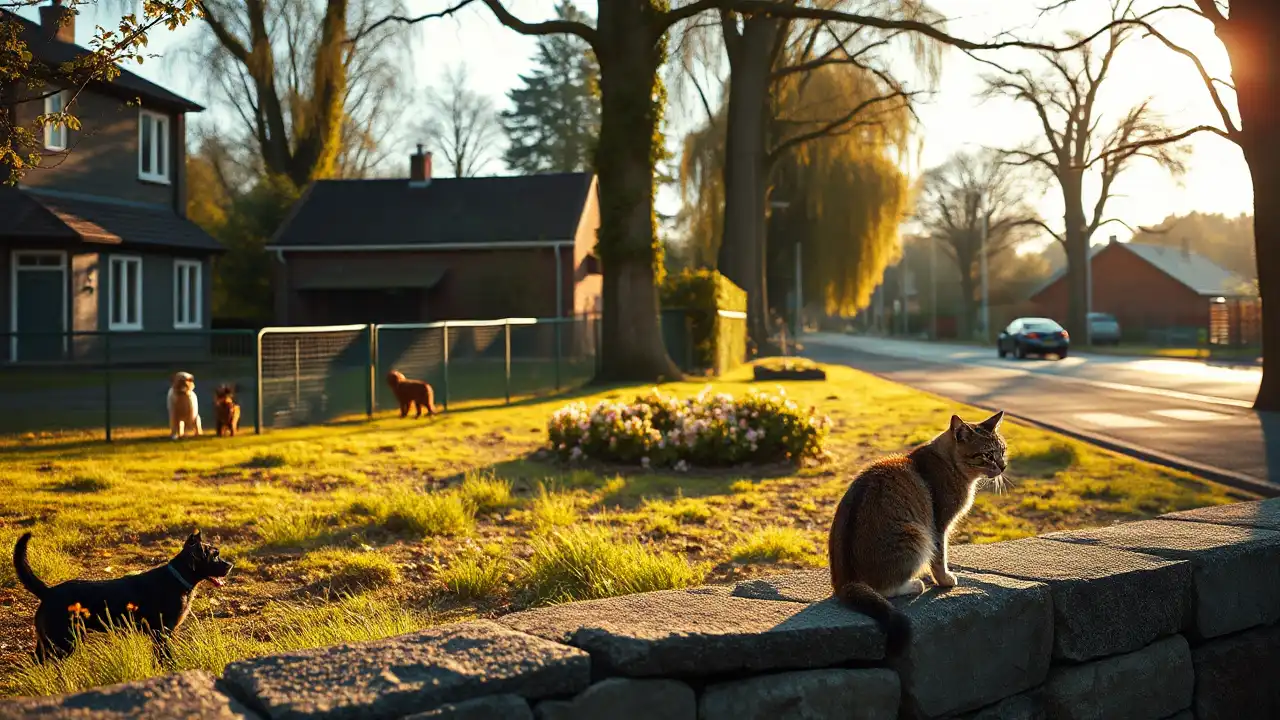 Ein kleiner Stadtpark mit Hundewiese, spielenden Hunden, einer ruhenden Katze und artenreicher Wiese zeigt Tierschutz Stadtpolitik in einer ruhigen, gepflegten Umgebung