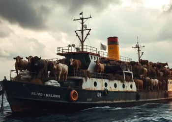 Lebendtiertransport - Schiff mit Rindern an Bord liegt vor der türkischen Küste; auf dem Deck sind Tiere, Heuballen und weiße Säcke sichtbar.