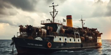 Lebendtiertransport - Schiff mit Rindern an Bord liegt vor der türkischen Küste; auf dem Deck sind Tiere, Heuballen und weiße Säcke sichtbar.
