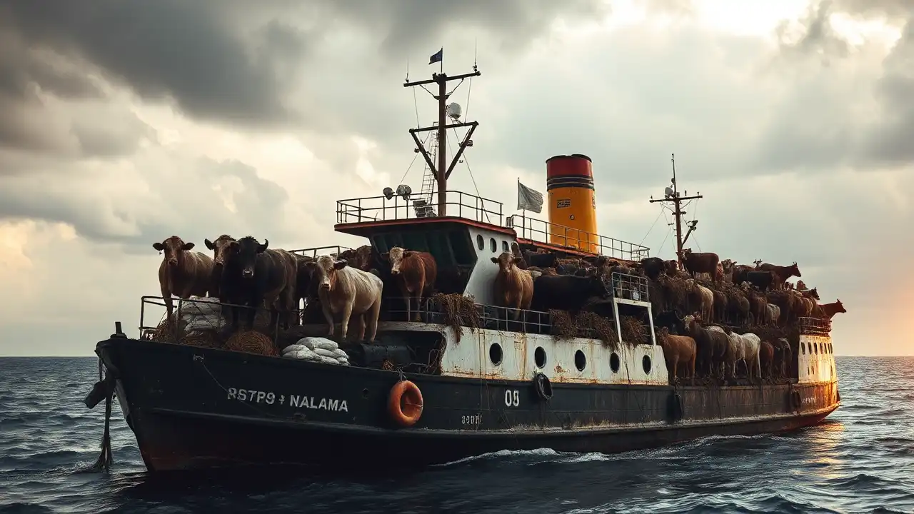 Katastrophaler Lebendtiertransport: Tausende Rinder vor der Türkei gestrandet 1 Lebendtiertransport - Schiff mit Rindern an Bord liegt vor der türkischen Küste; auf dem Deck sind Tiere, Heuballen und weiße Säcke sichtbar.