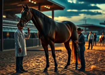 Tierarzt untersucht ein Sportpferd am Rand einer Springarena bei Abendlicht, während Offizielle im Hintergrund beraten und die FEI Blutregel symbolisiert