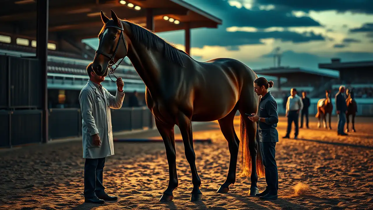 Tierarzt untersucht ein Sportpferd am Rand einer Springarena bei Abendlicht, während Offizielle im Hintergrund beraten und die FEI Blutregel symbolisiert