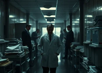 Ein Forscher steht frustriert in einem Laborflur zwischen Aktenstapeln und Prüfdokumenten, die die Belastung durch Tierversuchsbürokratie sichtbar machen