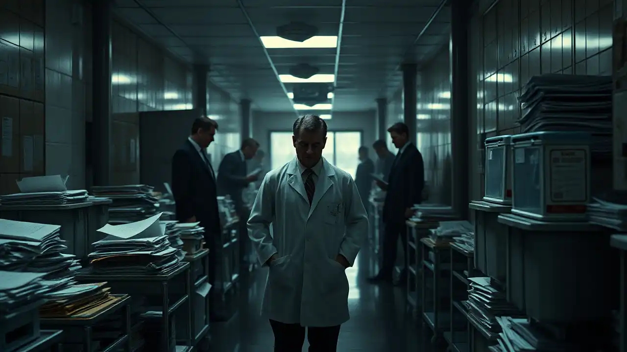 Ein Forscher steht frustriert in einem Laborflur zwischen Aktenstapeln und Prüfdokumenten, die die Belastung durch Tierversuchsbürokratie sichtbar machen