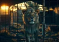 PETA Kritik: Wenn Zoos schließen und plötzlich keiner mehr helfen will 42 Ein alter Löwe steht erschöpft in einem verlassenen Tiergehege bei Sonnenaufgang, umgeben von verwitterten Gittern und Spuren von Vernachlässigung, was die PETA Kritik am Umgang mit solchen Tieren widerspiegelt