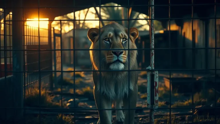 Ein alter Löwe steht erschöpft in einem verlassenen Tiergehege bei Sonnenaufgang, umgeben von verwitterten Gittern und Spuren von Vernachlässigung, was die PETA Kritik am Umgang mit solchen Tieren widerspiegelt