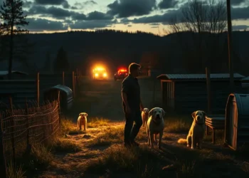 Rettungskräfte führen mehrere verängstigte Hunde von einem verwahrlosten Hof bei Abendlicht weg und machen die Hundeverwahrlosung Mansfeld sichtbar