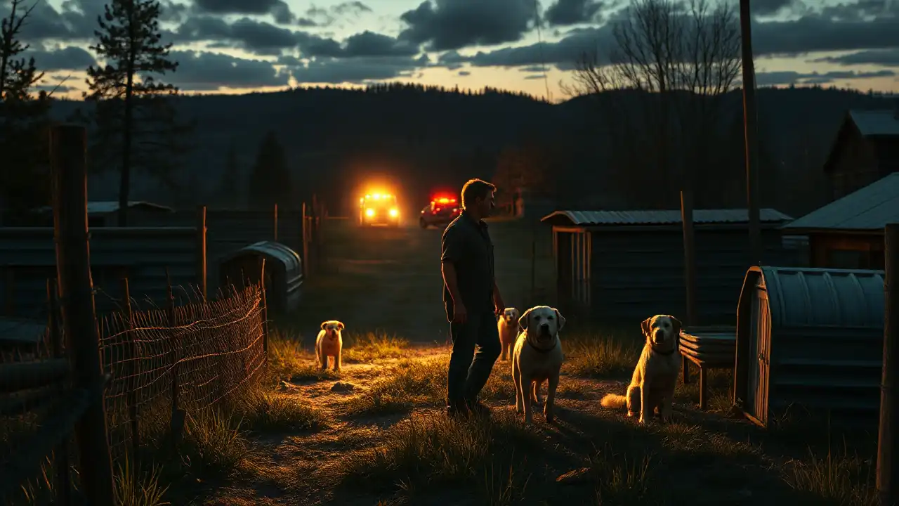 Rettungskräfte führen mehrere verängstigte Hunde von einem verwahrlosten Hof bei Abendlicht weg und machen die Hundeverwahrlosung Mansfeld sichtbar