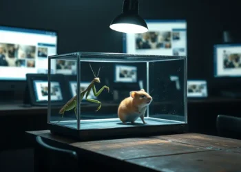 Ein beleuchteter Glaskasten zeigt einen erschrockenen Hamster und eine lauernde Gottesanbeterin in unnatürlicher Enge, die die Tierquälerei Insect Wars symbolisiert