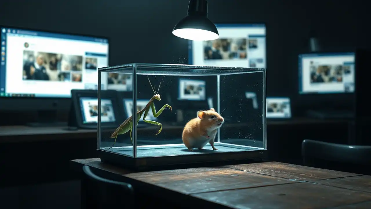 Ein beleuchteter Glaskasten zeigt einen erschrockenen Hamster und eine lauernde Gottesanbeterin in unnatürlicher Enge, die die Tierquälerei Insect Wars symbolisiert