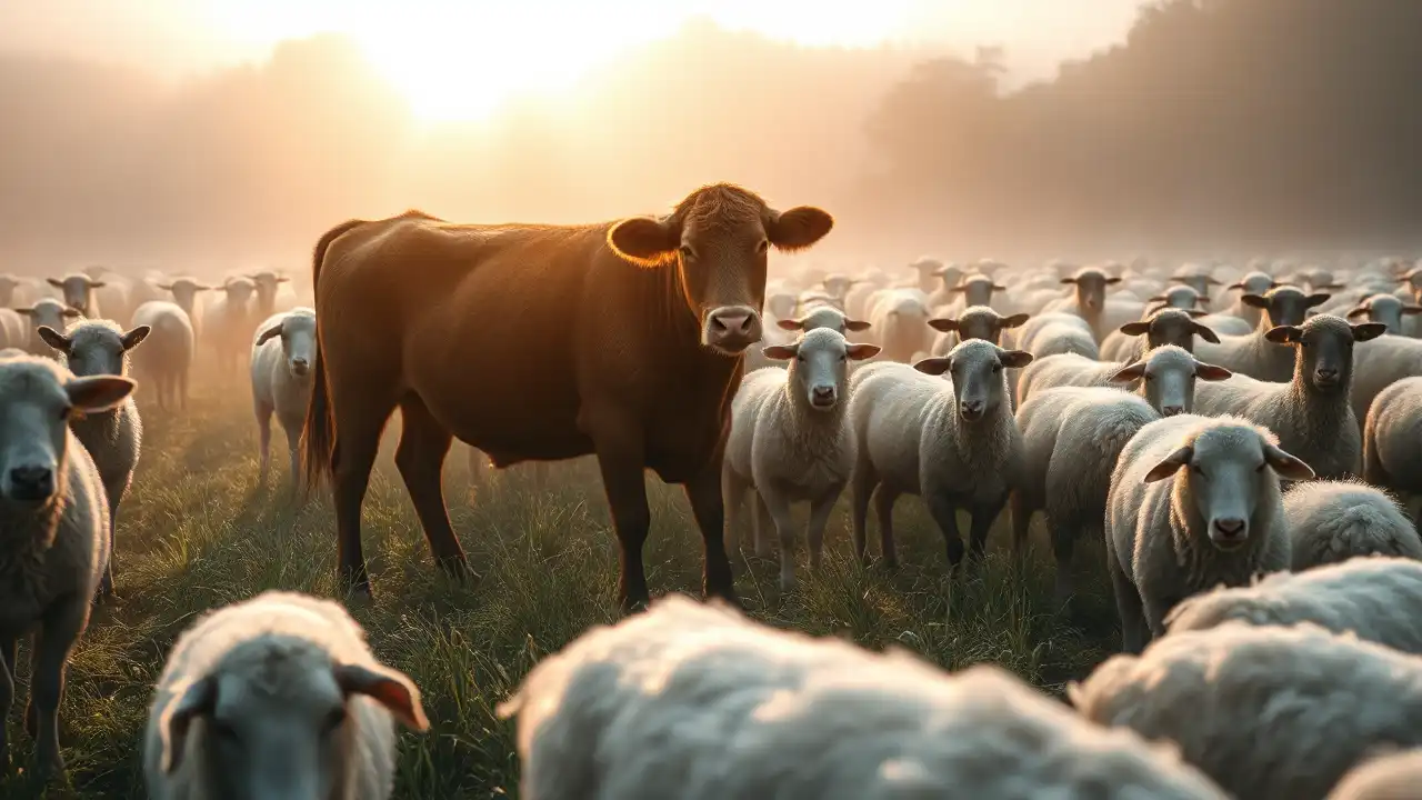 Eine Kuh steht im Morgendunst friedlich inmitten einer Schafherde auf einer Weide und symbolisiert die Kuhrettung Gnadenhof