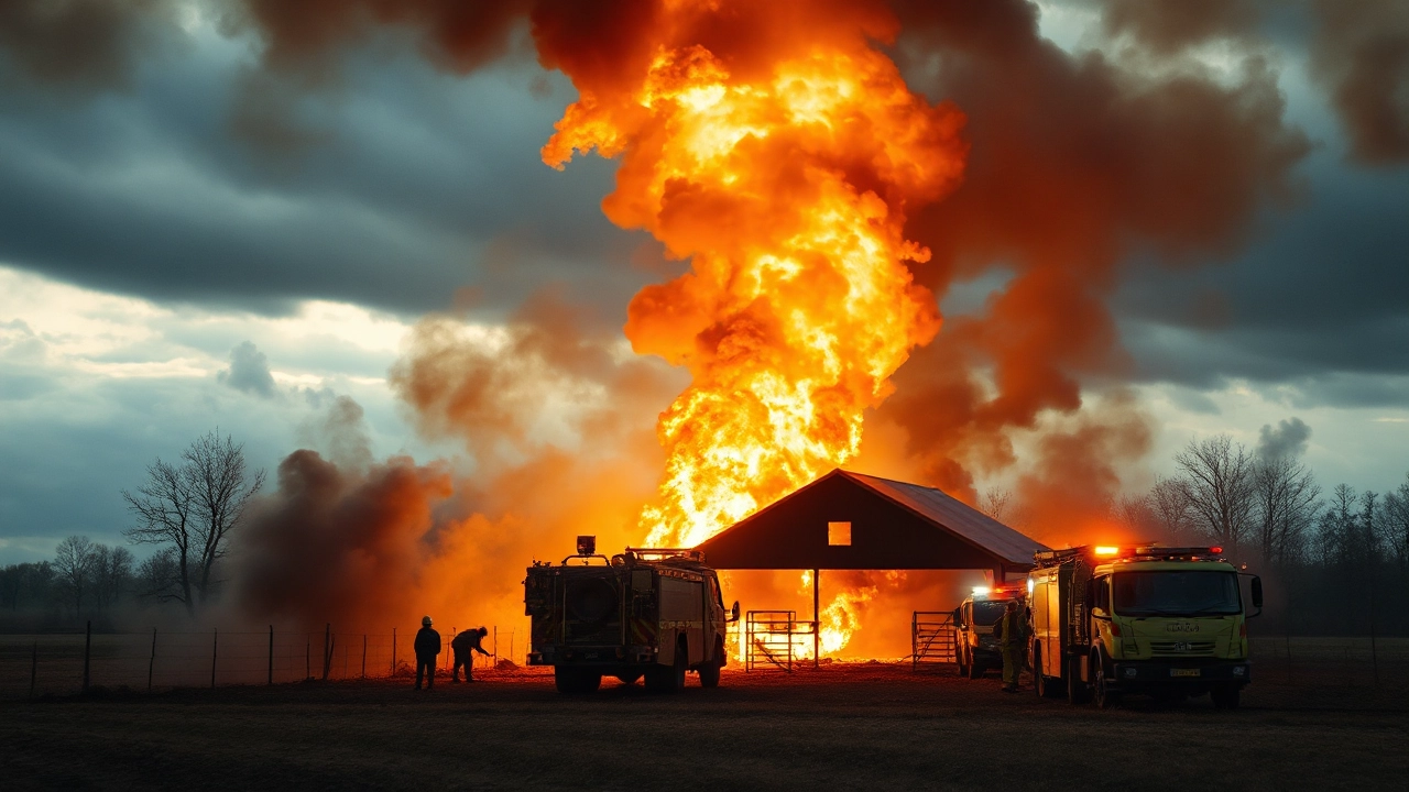 Brennender Geflügelstall in Sassenberg-Füchtorf mit Feuerwehrfahrzeugen und dichter Rauchwolke – Szene des Stallbrandes im Fokuskeyword Stallbrand Sassenberg-Füchtorf.
