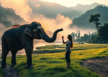 Elefantenschutz Thailand – Zwischen Tradition, Traumata und echter Verantwortung 30 Eine Frau steht im Morgendunst eines thailändischen Tals an einem Flussufer und berührt sanft einen geretteten Elefanten, während Berge und Dschungel die ruhige Szene von Elefantenschutz Thailand umgeben