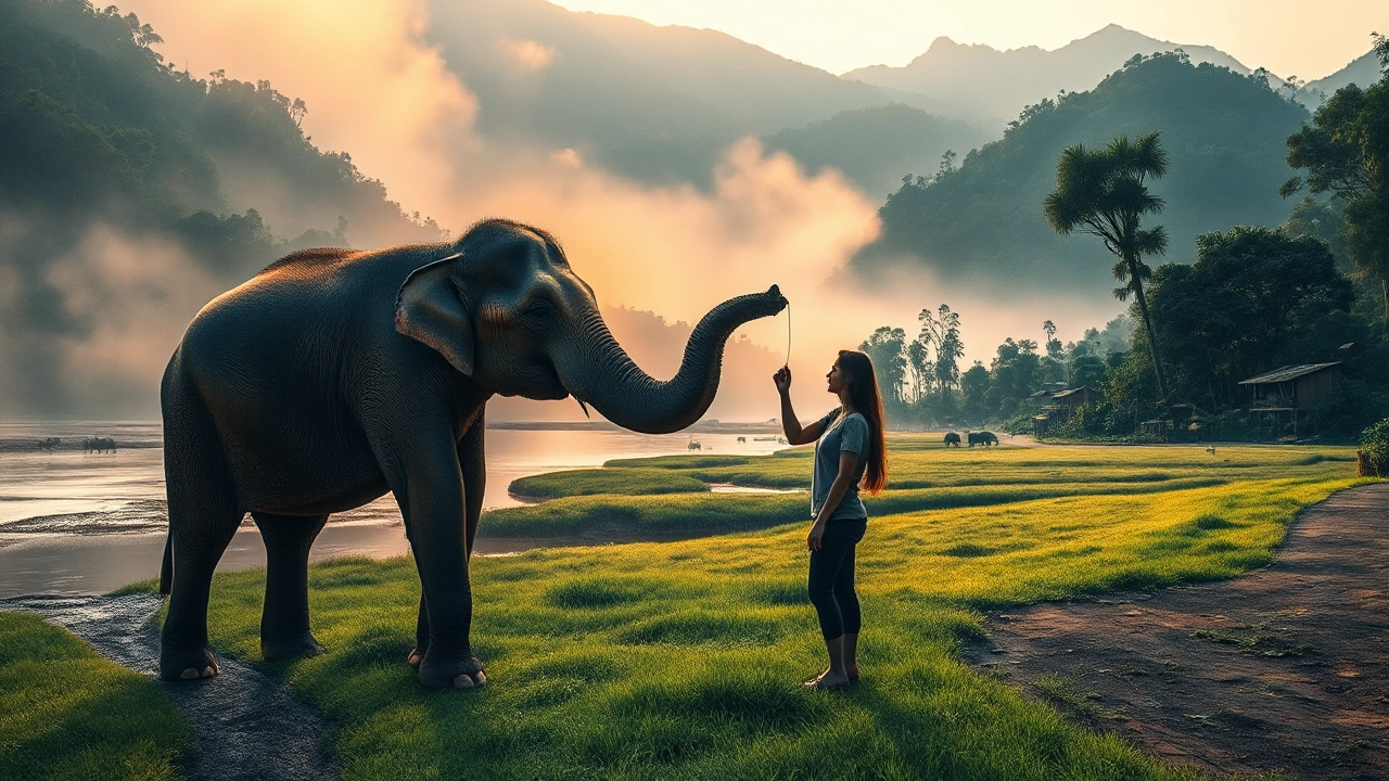 Eine Frau steht im Morgendunst eines thailändischen Tals an einem Flussufer und berührt sanft einen geretteten Elefanten, während Berge und Dschungel die ruhige Szene von Elefantenschutz Thailand umgeben