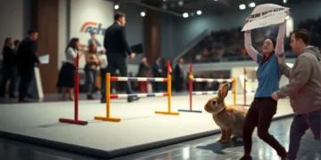Sicherheitskräfte führen während eines PETA Protest eine Aktivistin von einer Kaninchen-Sprungbahn weg, während ein erschrecktes Kaninchen vor den Hürden in der hellen Messehalle steht