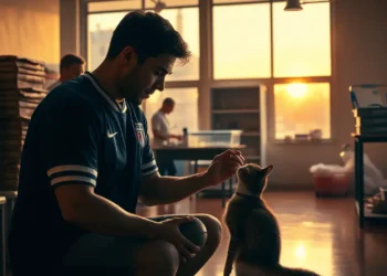 Handballspieler streichelt in einem warm beleuchteten Tierheim eine gerettete Katze, während Helfer medizinische Utensilien vorbereiten und die Tierheim Spende sichtbar unterstützt