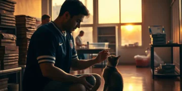 Handballspieler streichelt in einem warm beleuchteten Tierheim eine gerettete Katze, während Helfer medizinische Utensilien vorbereiten und die Tierheim Spende sichtbar unterstützt