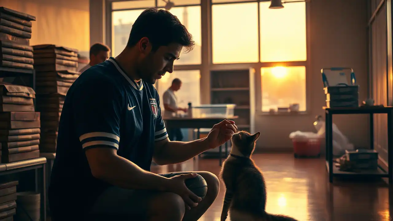 Handballspieler streichelt in einem warm beleuchteten Tierheim eine gerettete Katze, während Helfer medizinische Utensilien vorbereiten und die Tierheim Spende sichtbar unterstützt