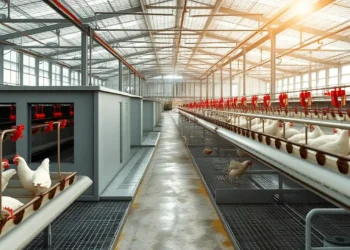 Saubere und moderne Hähnchenmastanlage in Brandenburg, kombiniert mit einem Symbol gegen gefaktes Bildmaterial als Warnhinweis vor manipulierten Aufnahmen.