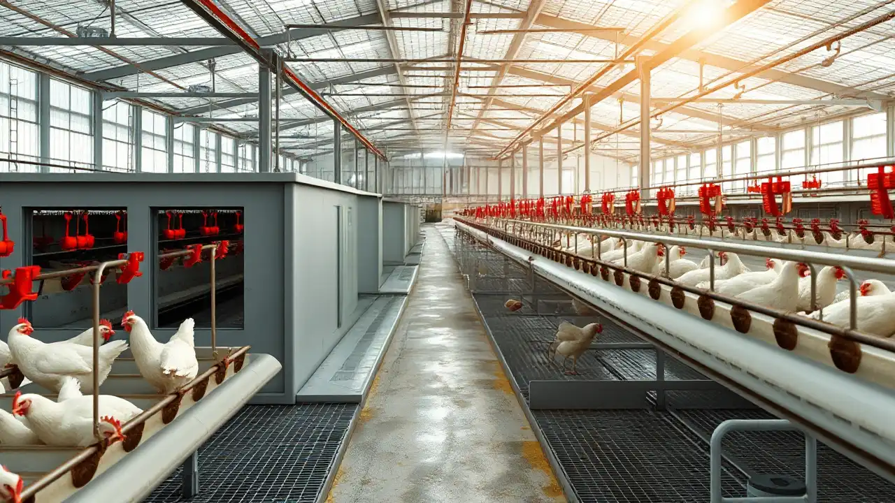 Saubere und moderne Hähnchenmastanlage in Brandenburg, kombiniert mit einem Symbol gegen gefaktes Bildmaterial als Warnhinweis vor manipulierten Aufnahmen.