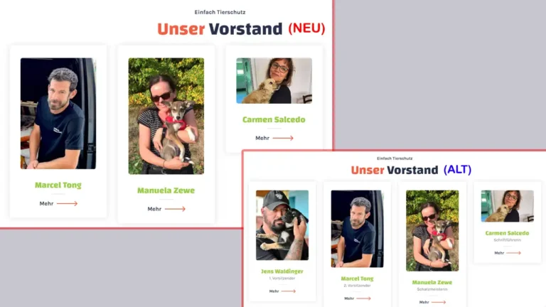 Screenshot-Vergleich der Vorstandseite von Einfach Tierschutz e. V.: Früher mit Jens Waldinger gelistet, aktuell ohne ihn – zeigt sein stilles Entfernen aus dem Vorstand.