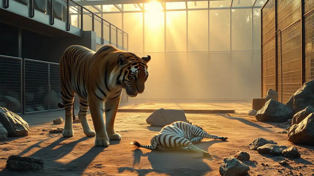 Tiger in einem Zoo frisst ein Tier aus dem eigenen Bestand, während ein Pfleger im Hintergrund steht und die Verfütterung zooeigener Tiere beobachtet