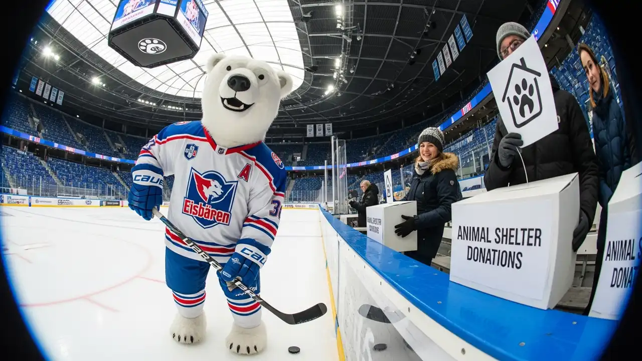 Ein Eisbär in Eishockey-Ausrüstung der Berliner Eisbären steht in einem Stadion neben Fans, die Spenden für das Tierheim sammeln – Darstellung der Partnerschaft Eisbären Berlin Tierheim.