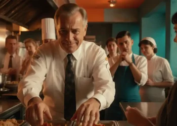 54 Ein Fake-Kontrolleur greift in einer Restaurantküche mit bloßen Händen in Speisen, während irritierte Mitarbeitende im Hintergrund zusehen