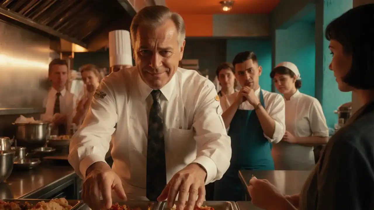 Ein Fake-Kontrolleur greift in einer Restaurantküche mit bloßen Händen in Speisen, während irritierte Mitarbeitende im Hintergrund zusehen