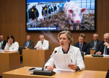 Experten und Politiker im bayerischen Landtag diskutieren angespannt über Nutztierkontrollen Bayern vor einer Leinwand mit Tierwohlbildern