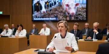 Experten und Politiker im bayerischen Landtag diskutieren angespannt über Nutztierkontrollen Bayern vor einer Leinwand mit Tierwohlbildern