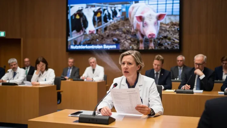 Experten und Politiker im bayerischen Landtag diskutieren angespannt über Nutztierkontrollen Bayern vor einer Leinwand mit Tierwohlbildern