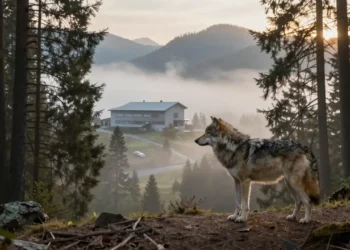 Wolfsmanagement St. Gallen – Wenn eine Jagdverwaltung Wissenschaft durch Waidwerk ersetzt 25 Ein einsamer Wolf am Rand eines nebligen Alpenwaldes blickt auf ein Verwaltungsgebäude im Tal als Symbol für das konfliktreiche Wolfsmanagement St. Gallen