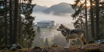 Ein einsamer Wolf am Rand eines nebligen Alpenwaldes blickt auf ein Verwaltungsgebäude im Tal als Symbol für das konfliktreiche Wolfsmanagement St. Gallen