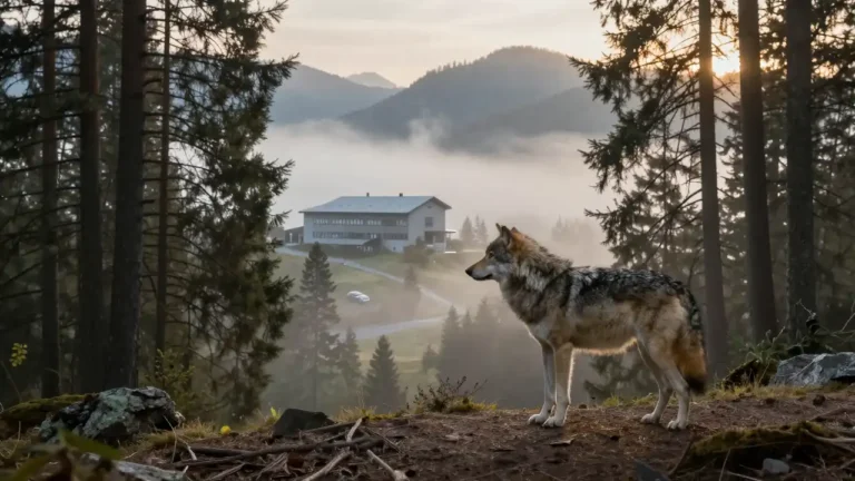 Ein einsamer Wolf am Rand eines nebligen Alpenwaldes blickt auf ein Verwaltungsgebäude im Tal als Symbol für das konfliktreiche Wolfsmanagement St. Gallen