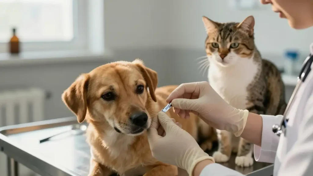 Tierarzt setzt einem Hund einen Mikrochip, während eine Katze im Hintergrund sitzt, als realistische Darstellung der Chip-Pflicht Haustiere