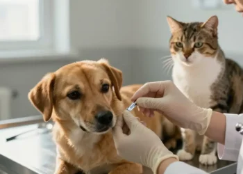 Tierarzt setzt einem Hund einen Mikrochip, während eine Katze im Hintergrund sitzt, als realistische Darstellung der Chip-Pflicht Haustiere