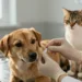 Tierarzt setzt einem Hund einen Mikrochip, während eine Katze im Hintergrund sitzt, als realistische Darstellung der Chip-Pflicht Haustiere
