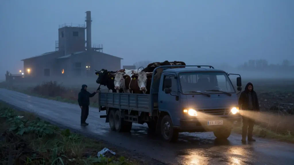 Landwirte laden nachts erschöpft Rinder von einem Transporter auf einer nebligen Landstraße ab, während im Hintergrund ein stillgelegter Schlachthof auf den geplanten Neuer Schlachthof verweist